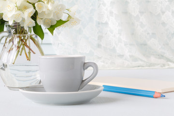 Breakfast with coffee and notebook