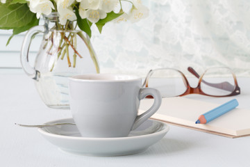 Breakfast with coffee and notebook