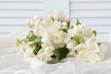 Close up view of jasmin flowers lay on table