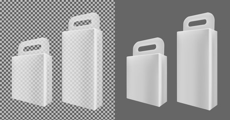 Realistic transparent paper or plastic packaging box with hanging hole