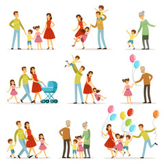Fototapeta na wymiar Big happy family with mother, father, grandmother and grandfather. Two smiling kids. Vector characters set in cartoon style