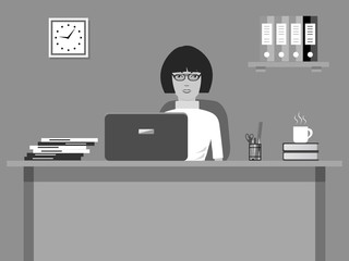 Web banner of an office worker. The young woman sitting at the desk. There is a laptop, office objects and cup of coffee on the table. Vector illustration in gray tones.