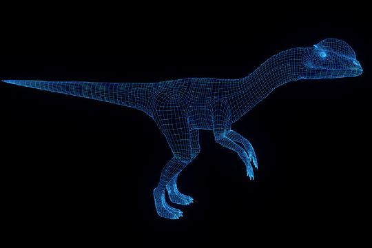 Dinosaur Dilophosaurus in Hologram Wireframe Style. Nice 3D Rendering
