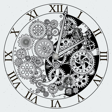 Watch parts. Clock mechanism with cogwheels. Vector illustrations