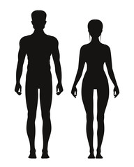 Silhouette of sporty male and female standing front view. Vector anatomy models