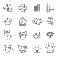 Linear icons set of veterinarian clinic. Different care tools for pets. Vector pictures isolate on white