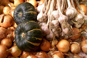pumpkins, garlics and onions.