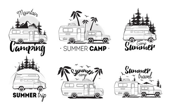 Set of camping trailer logo. camper vans against landscape background with lettering mountain, summer camp, trip. Black and white composition collection.