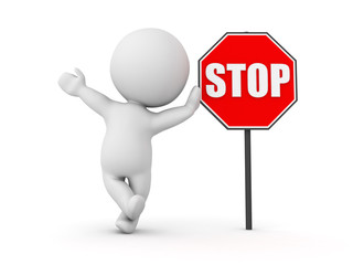 3D Character waving and leaning on red stop sign