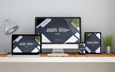 workplace with digital agency online responsive website on devices