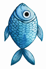 Painted watercolor drawing of fish, blue fish on white background