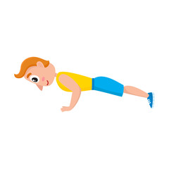 Young man doing push ups. sport exercises, training in gym, cartoon vector illustration isolated on white background. Cartoon man, guy doing fitness exercises, push ups in gym