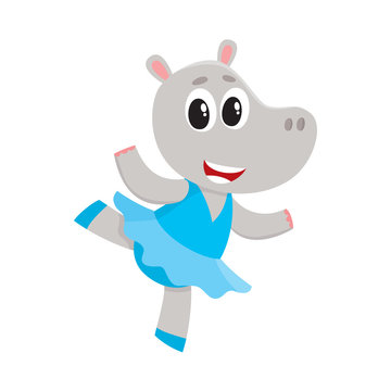 Happy cute little hippo character, ballet dancer in pointed shoes and tutu skirt, cartoon vector illustration isolated on white background. Little hippo baby animal, ballet dancer, ballerina in tutu