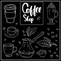 Shop promotion motivation. coffee shop hand lettering design for menu, poster, card, calligraphy raster version illustration