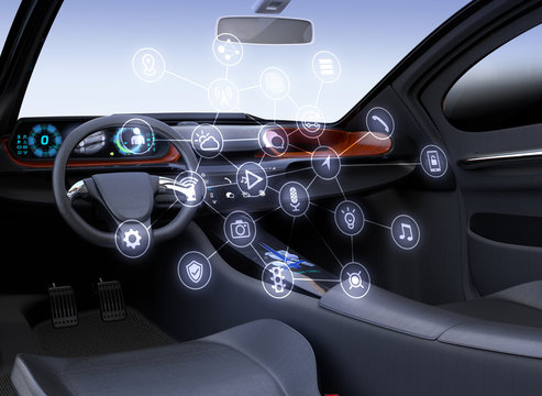 Autonomous car interior. Connected car icons. Internet of things concept. 3D rendering image.