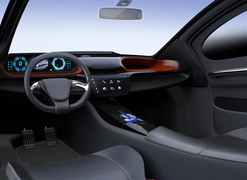 Autonomous car interior concept. Flat design multimedia icons on the center touch screen. 3D rendering image.