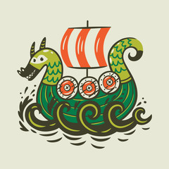 Cartoon ship. Scandinavian viking drakkar