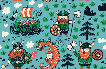 Seamless pattern with vikings for design fabric, backgrounds, wrapping paper