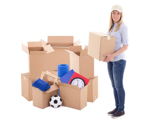 young post delivery woman holding carboard box isolated on white