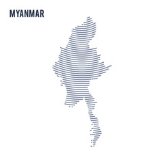 Vector abstract hatched map of Myanmar with curve lines isolated on a white background.