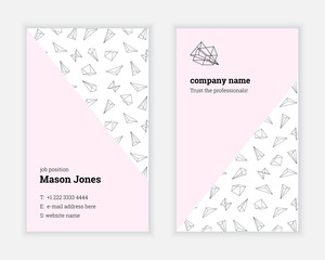 White and pink double-sided business card template. US standard size 2x3.5 in. With bleed size 0.125 in. Vector. Minimal and light style. The abstract creative concept with geometric shape pattern.