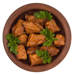 Stew in a brown plate. (Goulash) isolated on white background.
