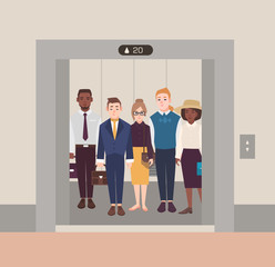 Colorful image illustrating group of people standing in open elevator. Men and women wearing business suit in classical cloth. Flat cartoon vector illustration © Good Studio