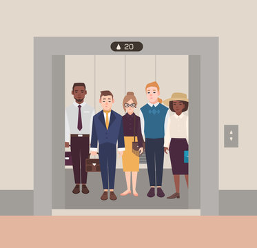 Colorful image illustrating group of people standing in open elevator. Men and women wearing business suit in classical cloth. Flat cartoon vector illustration
