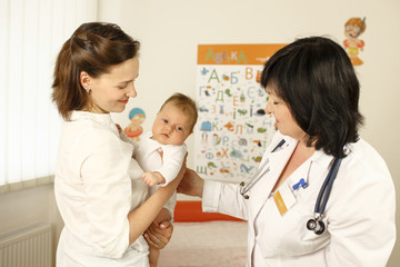 Mother with little daughter and doctor