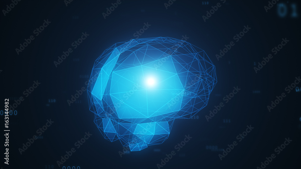 Poster digital artificial intelligence of the brain from polygons in a cloud of binary data 3d illustration