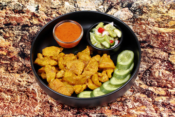 Charcoal boiled ,Pork satay served with side disk.