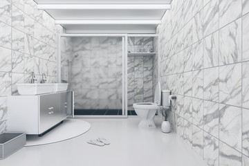 3D Rendering : illustration of White toilet and bathroom with marble tile wall and white marble floor. white ceramic bowl on shlef. modern design black and white toilet. light shining from outside