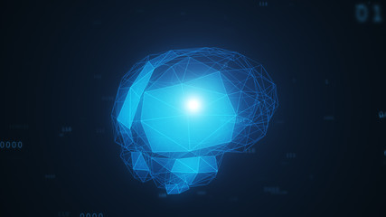 Digital artificial intelligence of the brain from polygons in a cloud of binary data 3d illustration