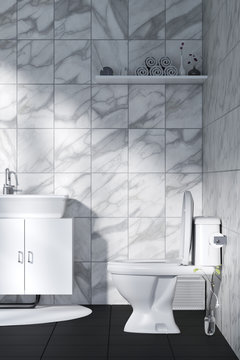 3D Rendering : illustration of White toilet and bathroom with marble tile wall and black marble floor. white ceramic bowl on shlef. modern design black and white toilet. light shining from outside