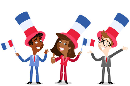 Vector cartoon illustration of patriotic group of French business people with hats waving flags celebrating Bastille Day isolated on white background