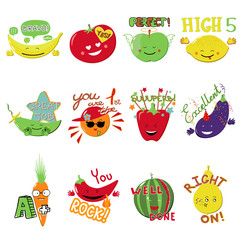 Vector Achievement school Labels. Set of 12 vector stickers with fruits and vegetables