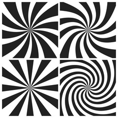 Psychedelic spiral with radial gray rays. Swirl twisted retro background. Comic effect vector illustration set
