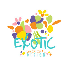 Obraz premium Exotic logo original design with tropical fruits and flowers colorful hand drawn vector Illustration