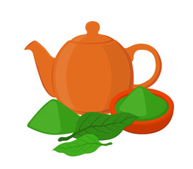 Powder, leaves of asian tea, teapot, teakettle. Cartoon flat style