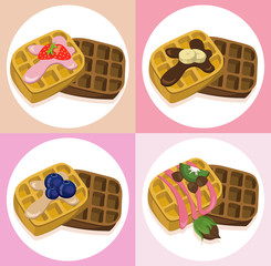 waffle set chocolate syrop and banana and fruits flavor Vector icon template retro style dotted background
