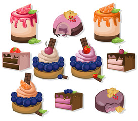 Mousse chocolate delicious cakes set collection. Sweet dessert blackberry flavors Vector illustration