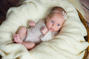 Beautiful and charming newborn girl in a basket