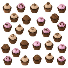 Delicious cupcakes set pattern. Sweet dessert chocolate lavender flavors Vector illustration