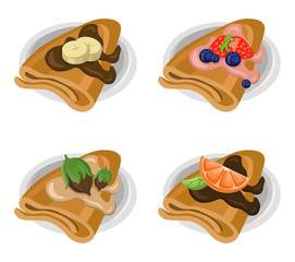 Pancakes set chocolate syrop and banana and fruits flavor Vector icon template retro style dotted background