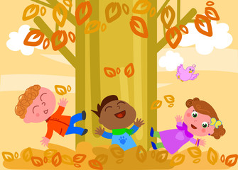 Three children having fun with dried leaves in autumn, vector illustration