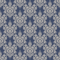 Seamless background baroque style blue and beige. Vintage Pattern. Retro Victorian. Ornament in Damascus style. Elements of flowers, leaves. Vector illustration. Wallpaper, print packaging, textiles.