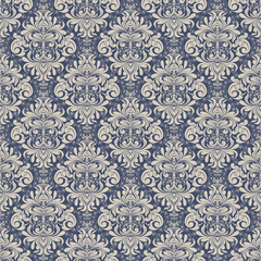 Seamless background baroque style blue and beige. Vintage Pattern. Retro Victorian. Ornament in Damascus style. Elements of flowers, leaves. Vector illustration. Wallpaper, print packaging, textiles.