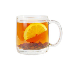 Black tea with lemon in a glass cup.
