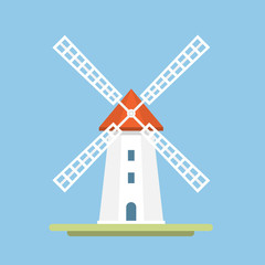 A traditional windmill on a blue background. Icon. Symbol of agriculture. Vector Flat Illustration