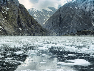 Scenic coastal landscape with steep glacially polished cliffs and floating ice at Tracy Arm Fjord, Alaska